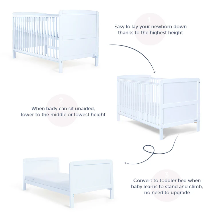 Patut 2 in1 pentru Bebelusi din Lemn Masiv de Fag   Multifunctional,   Co - Sleeper  - Transformabil in Pat Junior,  Utilizabil pana la 6-7 Ani , Dimensiune 120x60  CM - ALB [6]