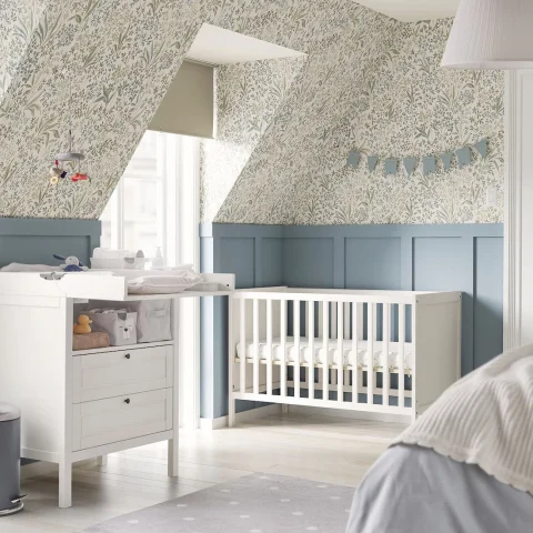 Patut din Lemn din Lemn Masiv de Fag -  Co - Sleeper  Multifunctional - Transformabil in Pat Junior Utilizabil pana la 6-7 Ani , Dimensiune 120x60  CM - ALB [18]