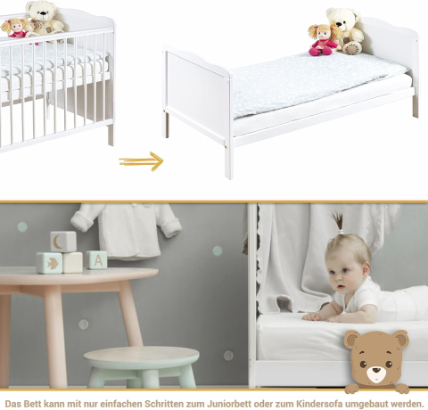 Patut  pentru Bebelusi din Lemn Masiv de Fag -  Co - Sleeper  Multifunctional - Transformabil in Pat Junior Utilizabil pana la 6-7 Ani , Dimensiune 120x60  CM - ALB [6]