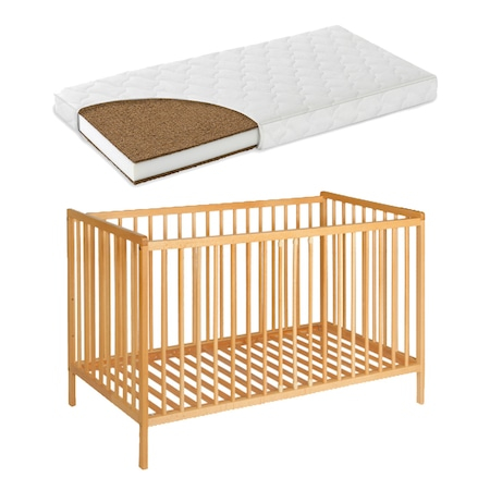 Patut bebe - Patut  din Lemn Masiv de Fag   Natur 120X60 cm + Saltea Bebelusi Air Komfort  - Antibacteriana, Antialergica si Husa Detasbila si Lavabila 120x60x10 CM