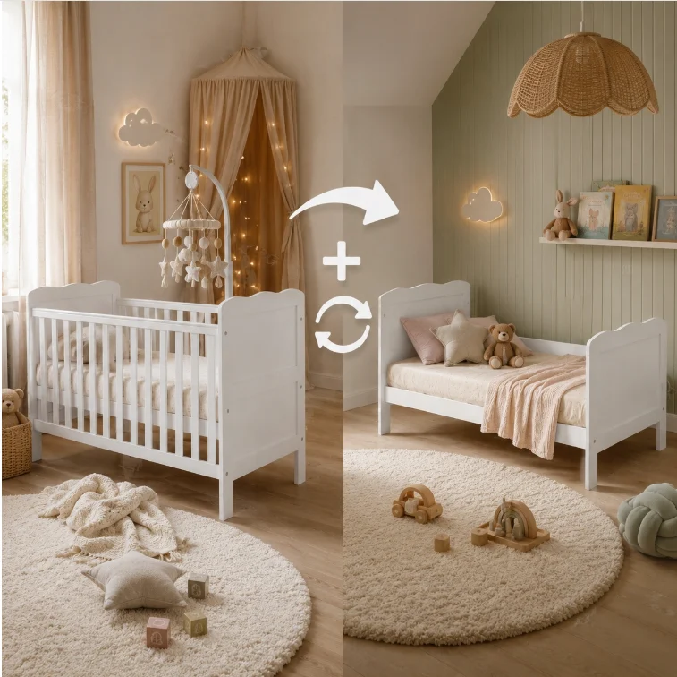 Camera copilului - Patut  pentru Bebelusi din Lemn Masiv de Fag -  Co - Sleeper  Multifunctional - Transformabil in Pat Junior Utilizabil pana la 6-7 Ani , Dimensiune 120x60  CM - ALB