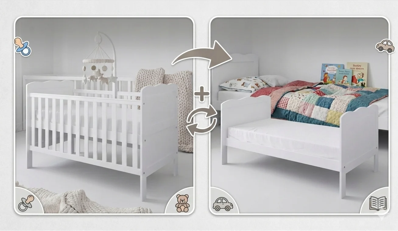 Patut  pentru Bebelusi din Lemn Masiv de Fag -  Co - Sleeper  Multifunctional - Transformabil in Pat Junior Utilizabil pana la 6-7 Ani , Dimensiune 120x60  CM - ALB [27]