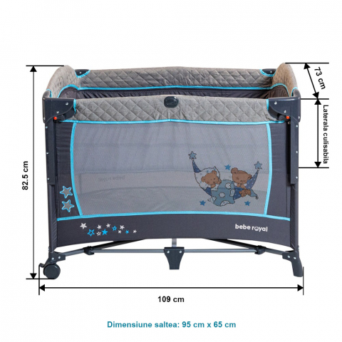 Patut Pliant 2 in 1 DeLuxe pentru bebelusi si copii, 2 Nivele si Margini de Catifea , Laterala Culisanta si Intrare Laterala , Masuta de Infasat , Gry cu Albastru [12]
