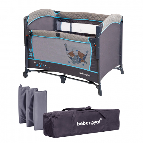 Patut Pliant 2 in 1 DeLuxe pentru bebelusi si copii, 2 Nivele si Margini de Catifea , Laterala Culisanta si Intrare Laterala , Masuta de Infasat , Gry cu Albastru [13]