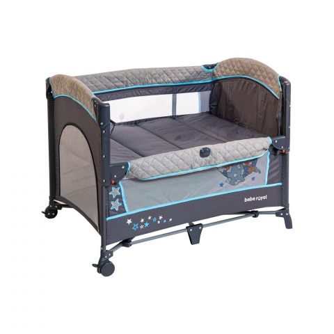 Patut bebe - Patut Pliant 2 in 1 DeLuxe pentru bebelusi si copii, 2 Nivele si Margini de Catifea , Laterala Culisanta si Intrare Laterala , Masuta de Infasat , Gry cu Albastru