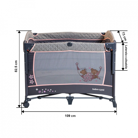 Patut Pliant 2 in 1 DeLuxe pentru bebelusi si copii, 2 Nivele si Margini de Catifea , Laterala Culisanta si Intrare Laterala , Masuta de Infasat , Roz [9]
