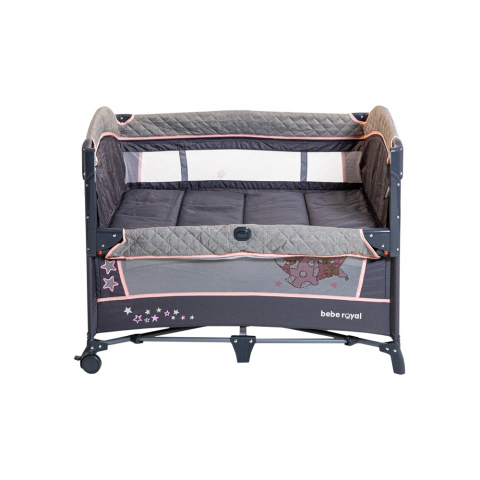 Patut bebe - Patut Pliant 2 in 1 DeLuxe pentru bebelusi si copii, 2 Nivele si Margini de Catifea , Laterala Culisanta si Intrare Laterala , Masuta de Infasat , Roz