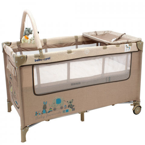 Patut Pliant Voiaj pentru Bebelusi si Copii  Sleepy Baby, 2 Nivele, Portabil, Etaj Intermediar Nou-Nascuti, Bara cu Jucarii, Masuta de Infasat, Salteluta, Intrare Laterala, Geanta Transport - Crem Multicolor [0]