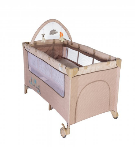 Patut Pliant Voiaj pentru Bebelusi si Copii  Sleepy Baby, 2 Nivele, Portabil, Etaj Intermediar Nou-Nascuti, Bara cu Jucarii, Masuta de Infasat, Salteluta, Intrare Laterala, Geanta Transport - Crem Multicolor [2]