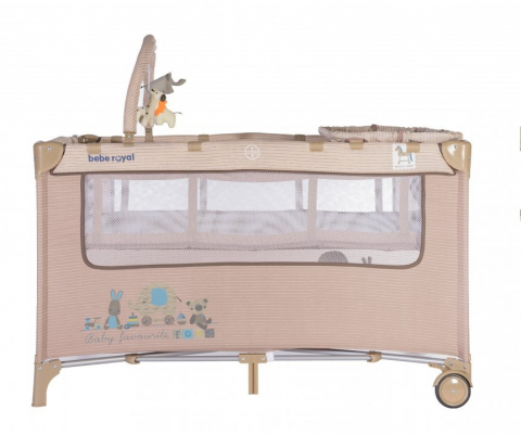 Patut Pliant Voiaj pentru Bebelusi si Copii  Sleepy Baby, 2 Nivele, Portabil, Etaj Intermediar Nou-Nascuti, Bara cu Jucarii, Masuta de Infasat, Salteluta, Intrare Laterala, Geanta Transport - Crem Multicolor [3]