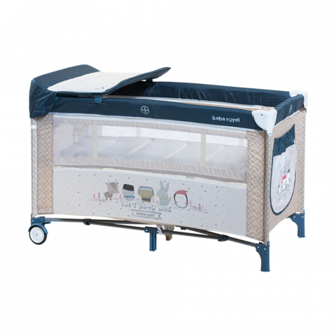 Patut bebe - Patut / Tarc de Joaca, Pliant 2 in 1 pentru Bebelusi si Copii Voiaj Sleepy Baby, 2 Nivele, Intrare Laterala, Portabil, Etaj Intermediar Nou-Nascuti, Masuta de Infasat, Geanta Transport -Albastru/Bej