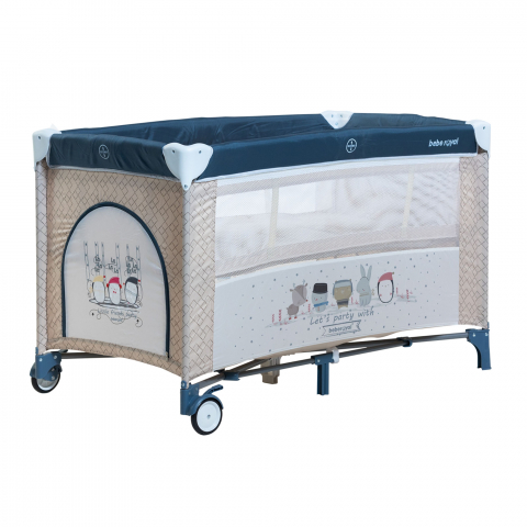 Patut / Tarc de Joaca, Pliant 2 in 1 pentru Bebelusi si Copii Voiaj Sleepy Baby, 2 Nivele, Intrare Laterala, Portabil, Etaj Intermediar Nou-Nascuti, Masuta de Infasat, Geanta Transport -Albastru/Bej [3]