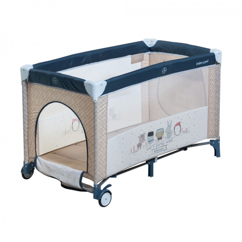 Patut / Tarc de Joaca, Pliant 2 in 1 pentru Bebelusi si Copii Voiaj Sleepy Baby, 2 Nivele, Intrare Laterala, Portabil, Etaj Intermediar Nou-Nascuti, Masuta de Infasat, Geanta Transport -Albastru/Bej [4]