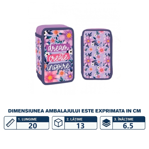 Penar Scolar Echipat pentru Fetite - Dream Create Inspire - 3  X Compartimente cu Fermoar, Model Floral, Violet [3]