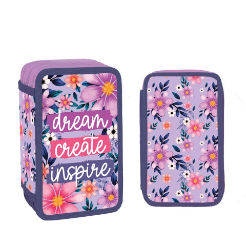 Penare - Penar Scolar Echipat pentru Fetite - Dream Create Inspire - 3  X Compartimente cu Fermoar, Model Floral, Violet