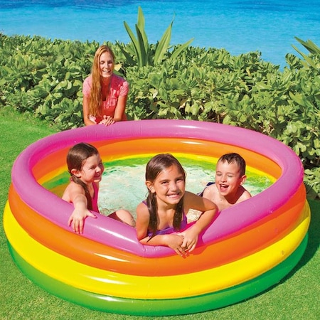 Accesorii pentru petrecere - Piscina Gonflabila pentru Copii ,, Curcubeul Fericit'' , Usor de montat ,4 Inele gonflabile  , Instalare Rapida, Forma Rotunda ,Material PVC , Multicolora ,Dimensiune 168 x 46 cm+ kit Reparatie Cadou