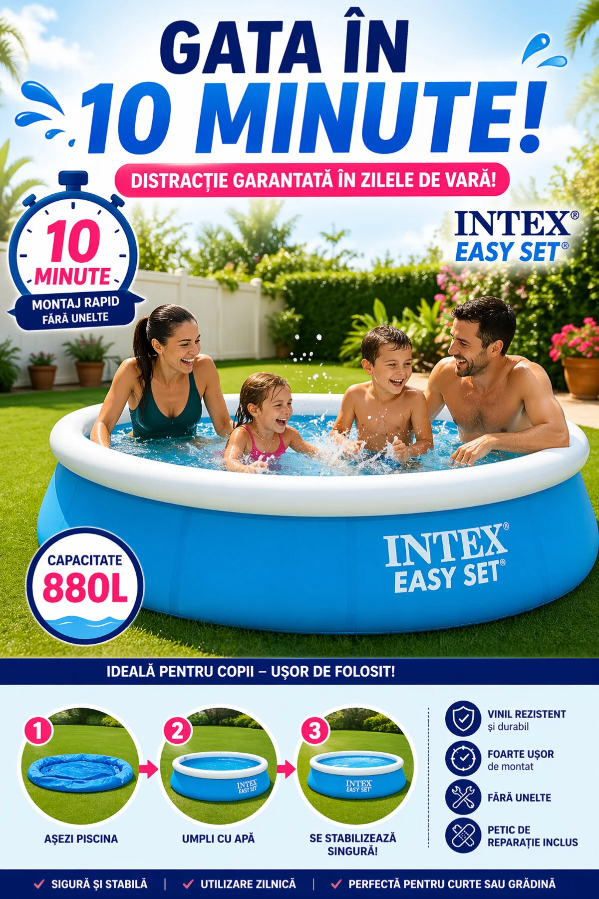 Piscina Rotunda   Gonflabila  pentru intreaga Familie, Instalare Rapida in 10 Minute ,Material Foarte  Rezistent la Razele Solare UV , Dimensiune 183x51 cm, Calitate Garantata intex [7]