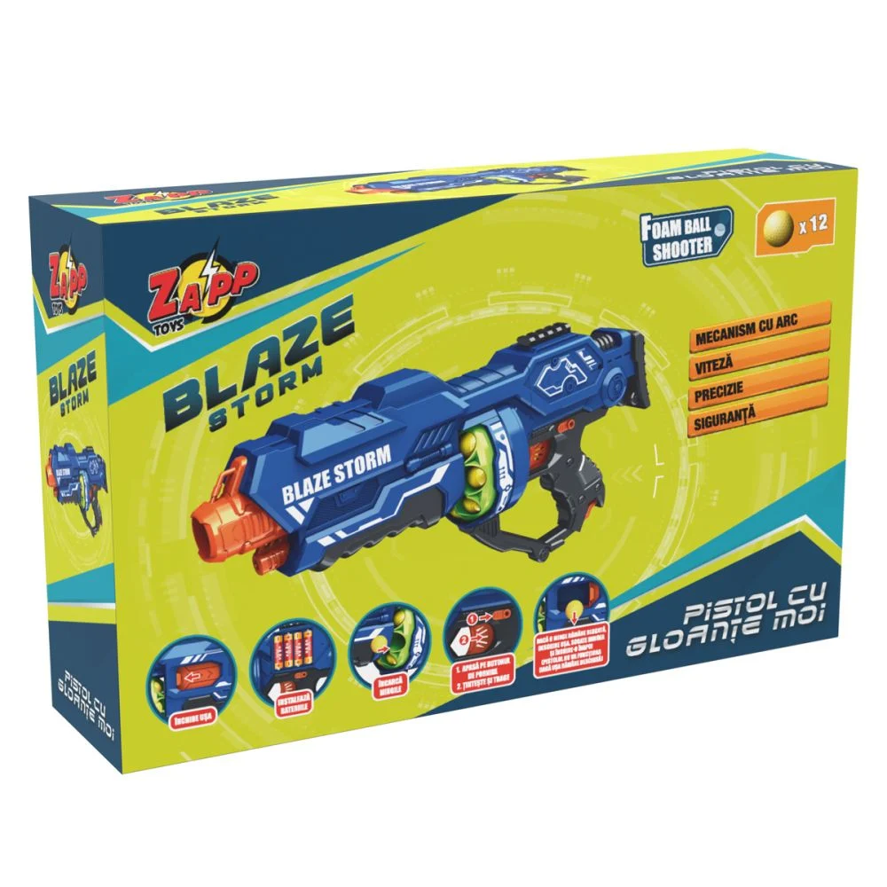 Jucarii & jocuri - Pistol Electric cu  Raza Lunga de Actiune si Capacitate de Stocare 12 Bile  Moi din Burete, Blaze Storm, Albastru