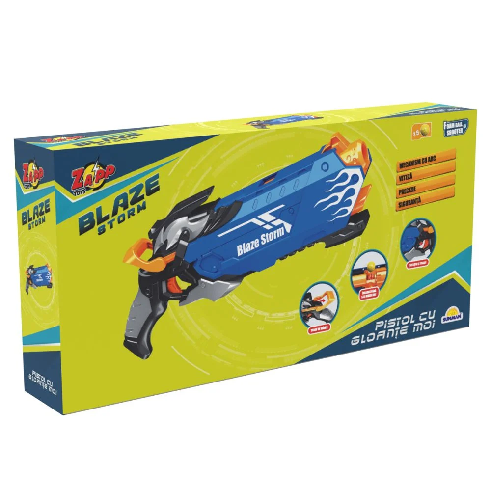 Jucarii & jocuri - Pistol Top Gun Blaze Storm cu Raza Lunga de Actiune,  5x Bile Moi din Burete, Albastru
