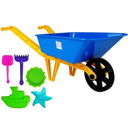 Jucarii pentru plaja si nisip - Roaba de jucarie din plastic Albastra cu  galeata set nisip pentru baieti