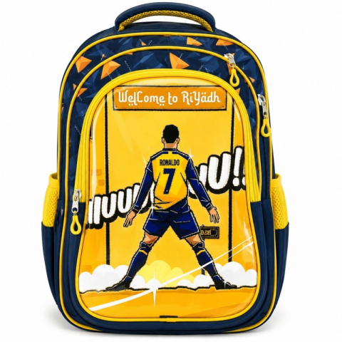 Gaming, Carti & Birotica - Rucsac Scolar - Cristiano Ronaldo în echipamentul Echipei Al-Nassr cu Mesaj ,, Welcome to Riyadh”  Dimensiuni - 41*32*12cm
