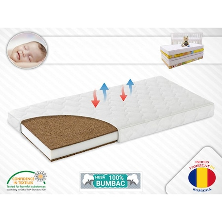Saltea pentru Bebelusi -  Somn Usor, Fibra de Cocos, Husa Detasabila 100%  Antibacteriana, Antialergica & Lavabila , 120x60x12 cm [2]