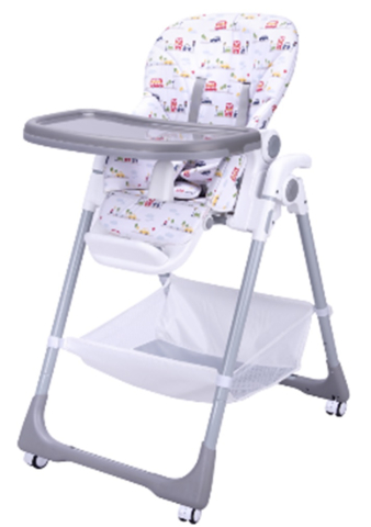 Scaune de Masa Copii - Scaun de Masa pentru  Bebelusi -  Go Baby,  Reglabil in 6 Trepte de Inaltime , Pliabil , Centura de siguranta, Sezut comfortabil, Masuta detasabila, Pozitie somn, Roti cu frana, Model Masinute, Gri