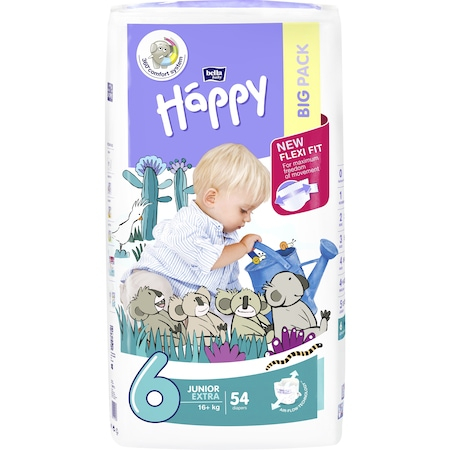 Scutece si chilotei - Scutece Happy Junior Extra 6 Big Pack, +16 kg, 54 buc/ Pachet - Varianta Veche- Absorbtie Excelenta