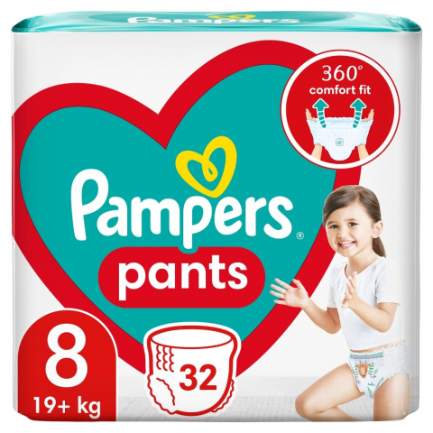 Scutece si chilotei - Scutece Pampers Pants Numarul 8, pentru 20+ kg, cantitate 32 buc cu strat interior cu Micro-perle pentru absorbtia rapida a lichidului, benzi flexibile si mansete duble pentru un plus de confort