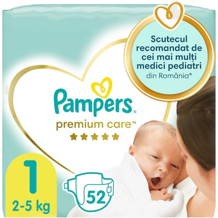 Produse incontinenta - Scutece Pampers Premium Care Marimea 1, Nou Nascut, 2-5 kg, 52 buc