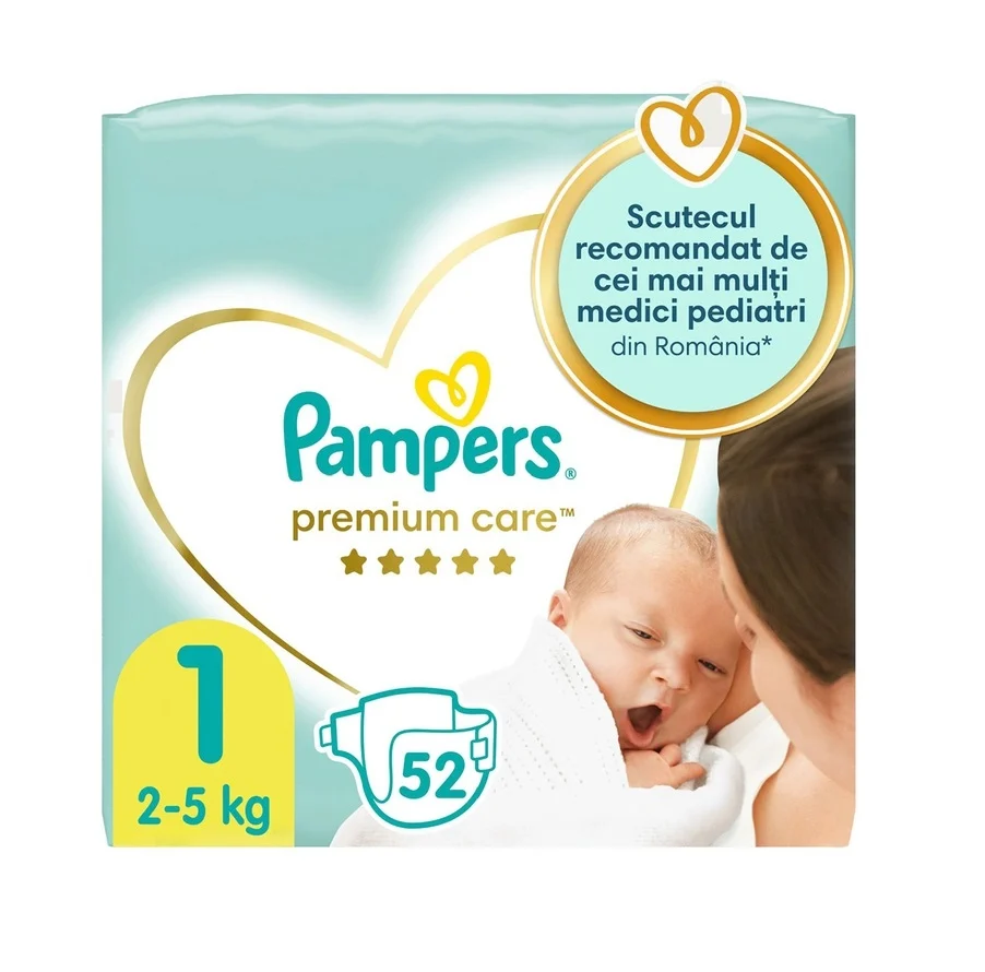 Scutece si chilotei - Scutece Pampers Premium Care pentru Nou Nascuti, Absorbtie Instantanee,  Marimea 1, 2-5kg, 52 buc