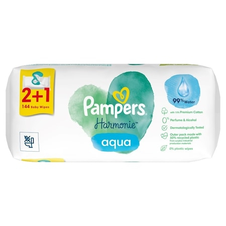 Produse incontinenta - Servetele bebelusi Pampers, Harmonie Aqua, Fara alcool, Fara parfum, 3x48 buc