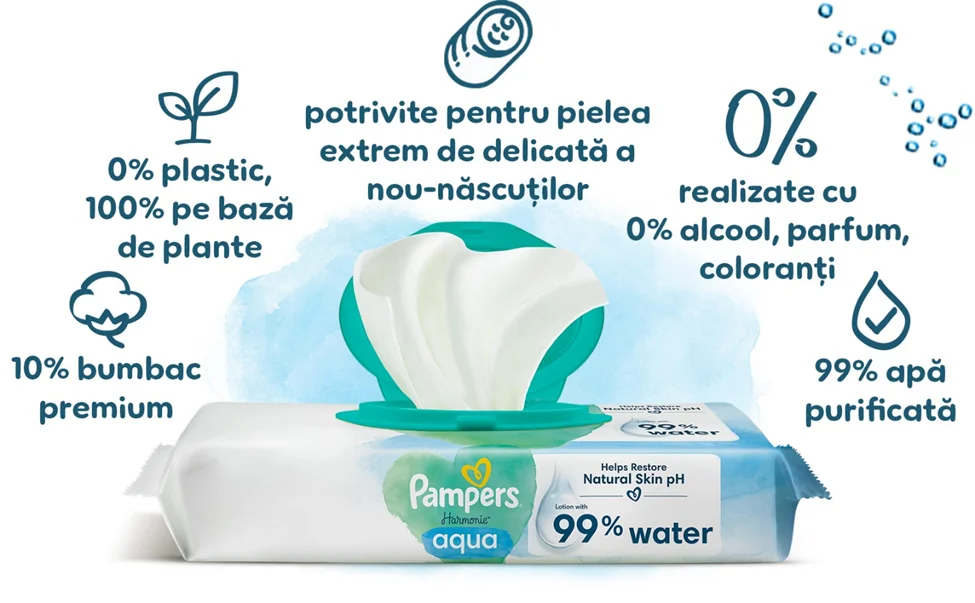 Servetele Umede Pampers Harmonie Aqua, Piele Sensibila, Curatare Delicata,  Fara Parfum cu Ingrediente Naturale, 10 BUC / Pak [2]