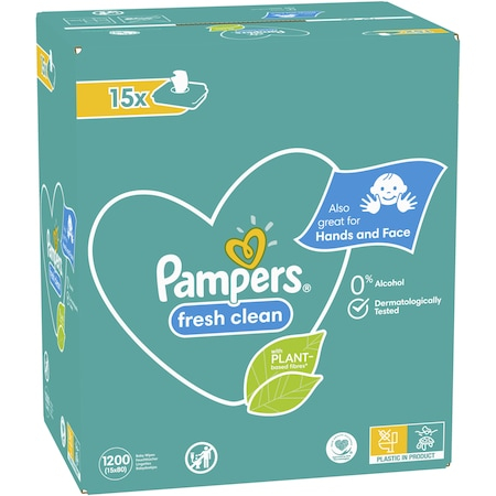 Servetele umede bebelusi - Servetele umede Pampers Fresh Clean, 15 pachete x 80, 1200 buc - Contin o Formula Unica care Protejeaza PH-ul Natural al Pielii