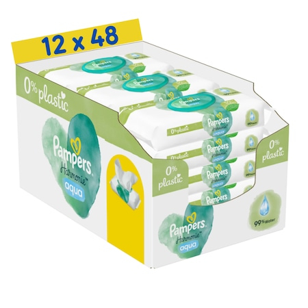 Produse incontinenta - Șervețele Umede Pampers Harmonie Aqua 12 Pachete x 48 Servețele = 576 Servețele pentru Bebeluși, protejează împotriva iritațiilor pielii, loțiune delicată cu 99% apă pura