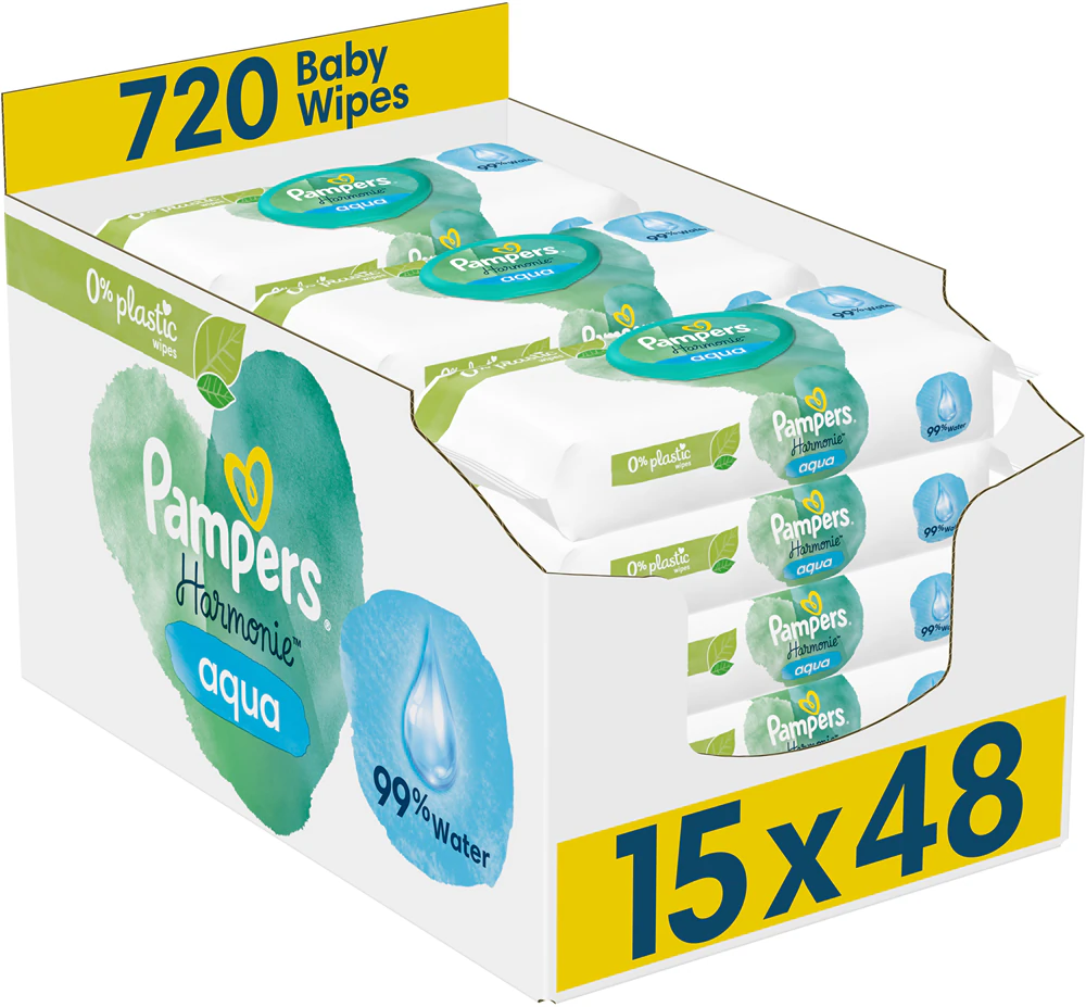 Servetele umede bebelusi - Servetele umede PAMPERS Harmonie Aqua, 0% plastic, 15 pachete, 720 buc