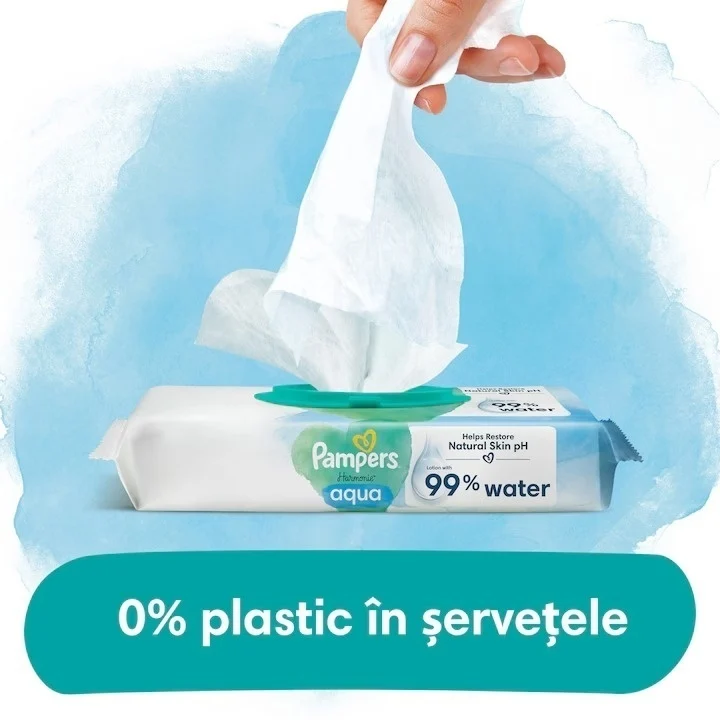 Servetele umede PAMPERS Harmonie Aqua, 0% plastic, 15 pachete, 720 buc [4]
