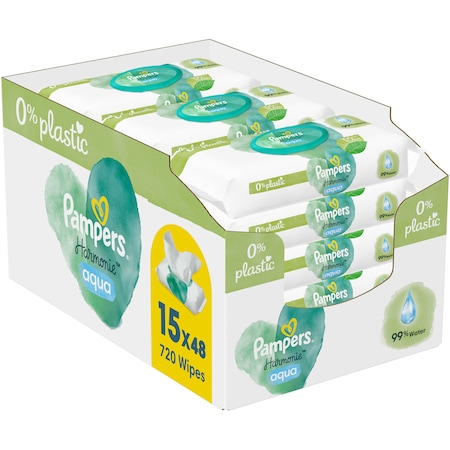 Produse incontinenta - Șervețele Umede Pampers Harmonie Aqua 15 Pachete x 48 Servețele = 720 Servețele pentru Bebeluși, ajută la restabilirea pH-ului natural al pielii, loțiune delicată cu 99% apă pura