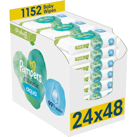 Servetele umede bebelusi - Șervețele  Umede Pampers Harmonie Aqua 24 Pachete x 48 Servețele = 1152 Servețele  pentru Bebeluși, protejează împotriva iritațiilor pielii, loțiune delicată cu 99% apă pura