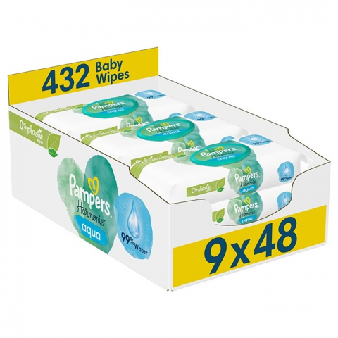 Servetele umede bebelusi - Servetele umede Pampers Harmonie Aqua, 0% plastic, 9 pachete x 48, 432 buc