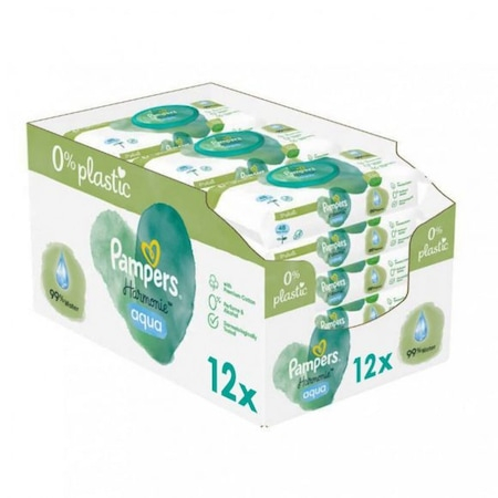 Produse incontinenta - Șervețele  Umede  Pampers Harmonie Aqua 12 Pachete x 48 Servețele = 576 Servețele  pentru Bebeluși, protejează împotriva iritațiilor pielii, loțiune delicată cu 99% apă pura