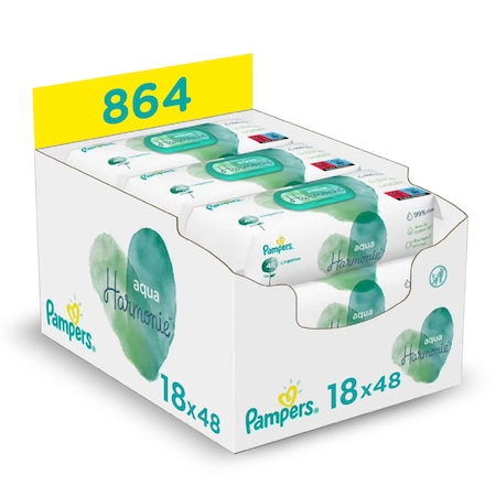 Șervețele Umede Pampers Harmonie Aqua 18 Pachete x 48 Servețele = 864 Servețele pentru Bebeluși, protejează împotriva iritațiilor pielii , loțiune delicată cu 99% apă pura [13]