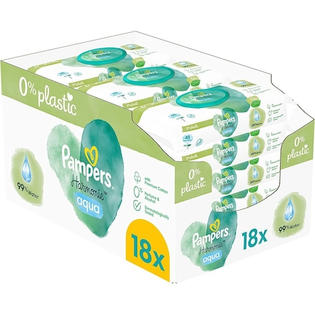 Produse incontinenta - Șervețele Umede Pampers Harmonie Aqua 18 Pachete x 48 Servețele = 864 Servețele pentru Bebeluși, protejează împotriva iritațiilor pielii , loțiune delicată cu 99% apă pura