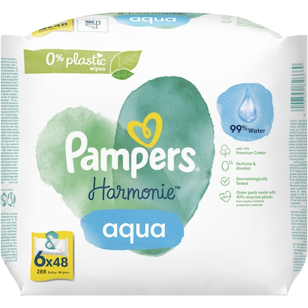 Produse incontinenta - Șervețele Umede Pampers  Harmonie Aqua 6 Pachete x 48 Servețele = 288 Servețele pentru Bebeluși, protejează împotriva iritațiilor pielii, loțiune delicată cu 99% apă pura