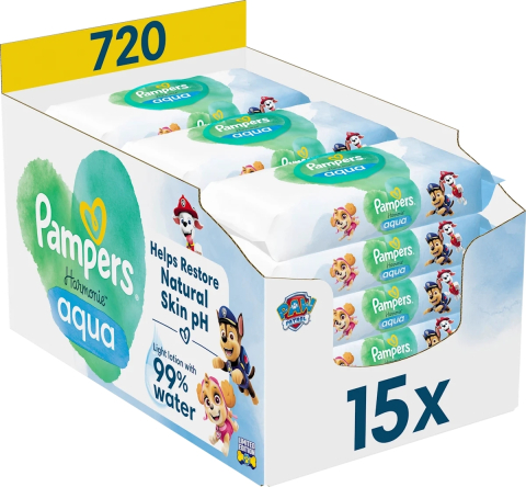 Servetele umede bebelusi - Servetele Umede PAMPERS Harmonie Aqua  Patrula Catelusilor Editie Limitata , contin 99% apa pentru o protectie pura a pielii, 0% Plastic, 15 pachete, 720 buc