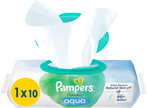 Jucarii, Copii & Bebe - Servetele Umede Pampers Harmonie Aqua, Piele Sensibila, Curatare Delicata,  Fara Parfum cu Ingrediente Naturale, 10 BUC / Pak
