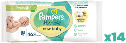 Servetele umede bebelusi - Servetele umede Pampers Harmony New Baby XXBox cu Aloe Vera - 0% Plastic, 14 Pachete x46 buc, 644 buc