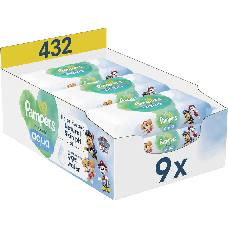 Servetele umede bebelusi - Șervețele Umede pentru Bebeluși Pampers Harmonie Aqua  Patrula Catelusilor - Editie Limitata,  PH Natural , 99% Apă  Pura, 0% Plastic ,  9 x 48 = 432 Buc