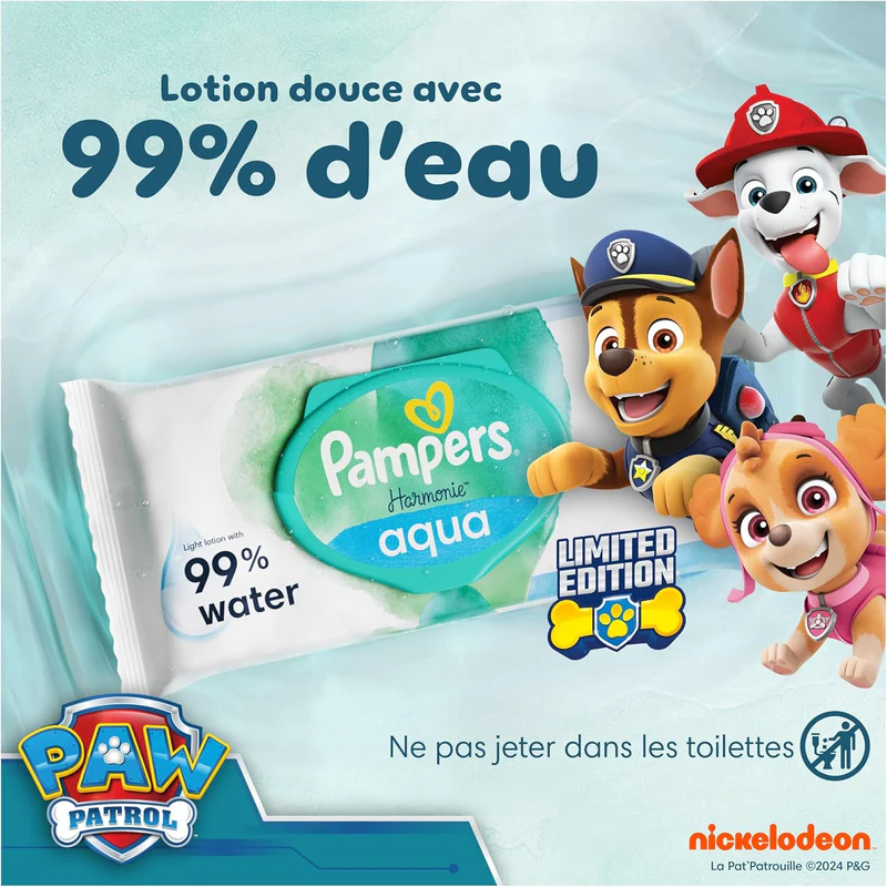 Șervețele Umede pentru Bebeluși Pampers Harmonie Aqua  Patrula Catelusilor - Editie Limitata,  PH Natural , 99% Apă  Pura, 0% Plastic ,  9 x 48 = 432 Buc [1]