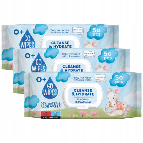 Servetele umede bebelusi - Servetele Umede pentru Copii  Cleanse & Hidrate  GoWipes  cu  98 % Apă  Purificata -  Aloe Vera si  -D-Pantenol  3× 50 buc - 150 buc